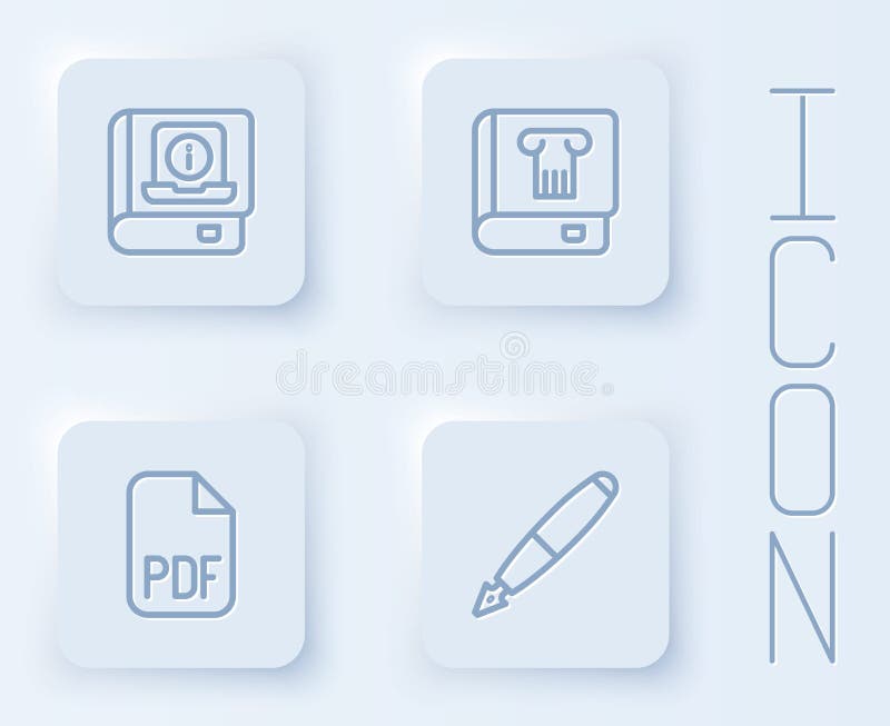 Set line User manual, History book, PDF file document and Fountain pen nib. White square button. Vector stock illustration