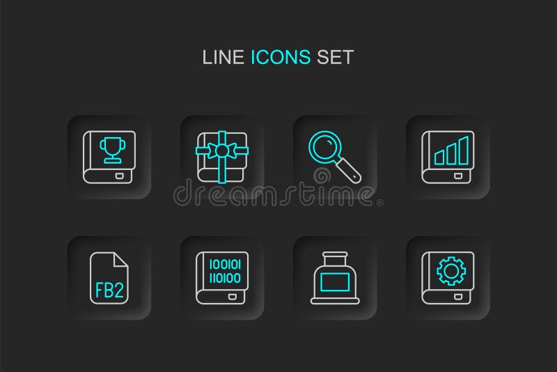 Set line User manual, Inkwell, Books about programming, FB2 File, Financial book, Magnifying glass, gift and icon royalty free illustration