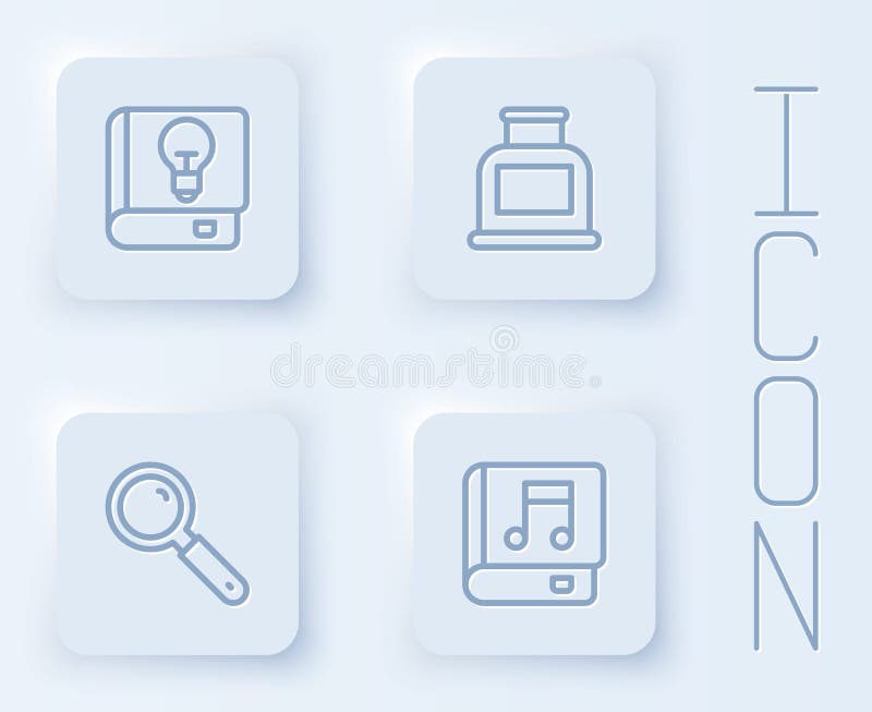 Set line User manual, Inkwell, Magnifying glass and Audio book. White square button. Vector vector illustration
