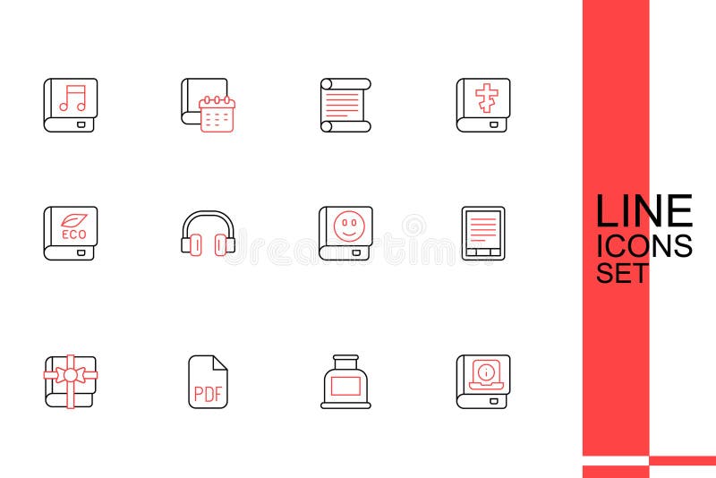 Set line User manual, Inkwell, PDF file document, Book as gift, E-Book reader, Headphones and about ecology icon. Vector stock illustration