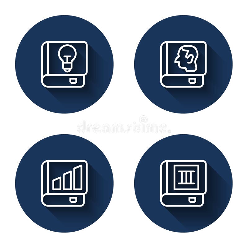 Set line User manual, Law book, Financial and Book with long shadow. Blue circle button. Vector royalty free illustration