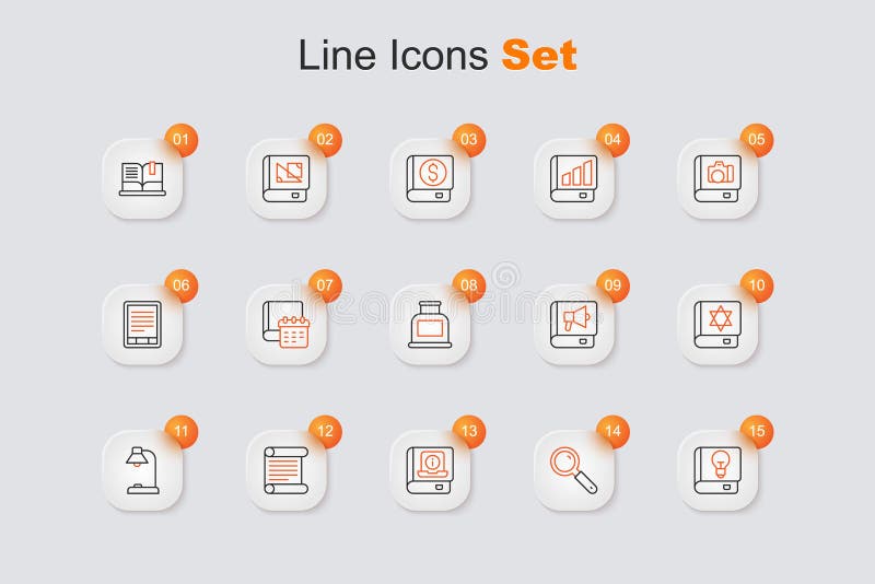Set line User manual, Magnifying glass, Decree, parchment, scroll, Table lamp, Jewish torah book, Book and Inkwell icon royalty free illustration