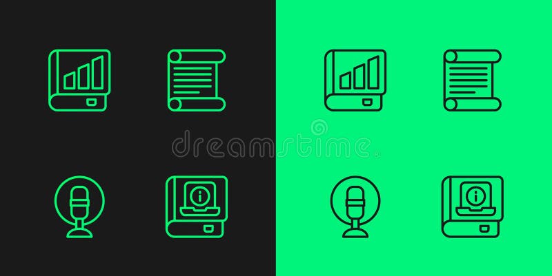 Set line User manual, Microphone, Financial book and Decree, parchment, scroll icon. Vector royalty free illustration