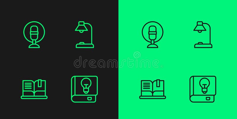 Set line User manual, Open book, Microphone and Table lamp icon. Vector royalty free illustration