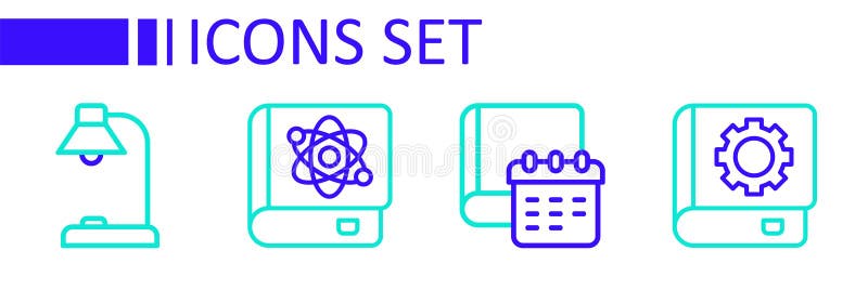 Set line User manual, Daily paper notepad, Book about physics and Table lamp icon. Vector stock illustration