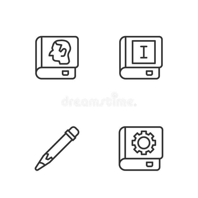 Set line User manual, Pencil with eraser, Law book and Book icon. Vector royalty free illustration