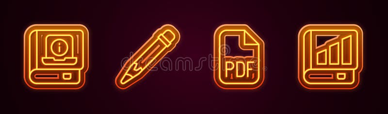 Set line User manual, Pencil with eraser, PDF file document and Financial book. Glowing neon icon. Vector vector illustration