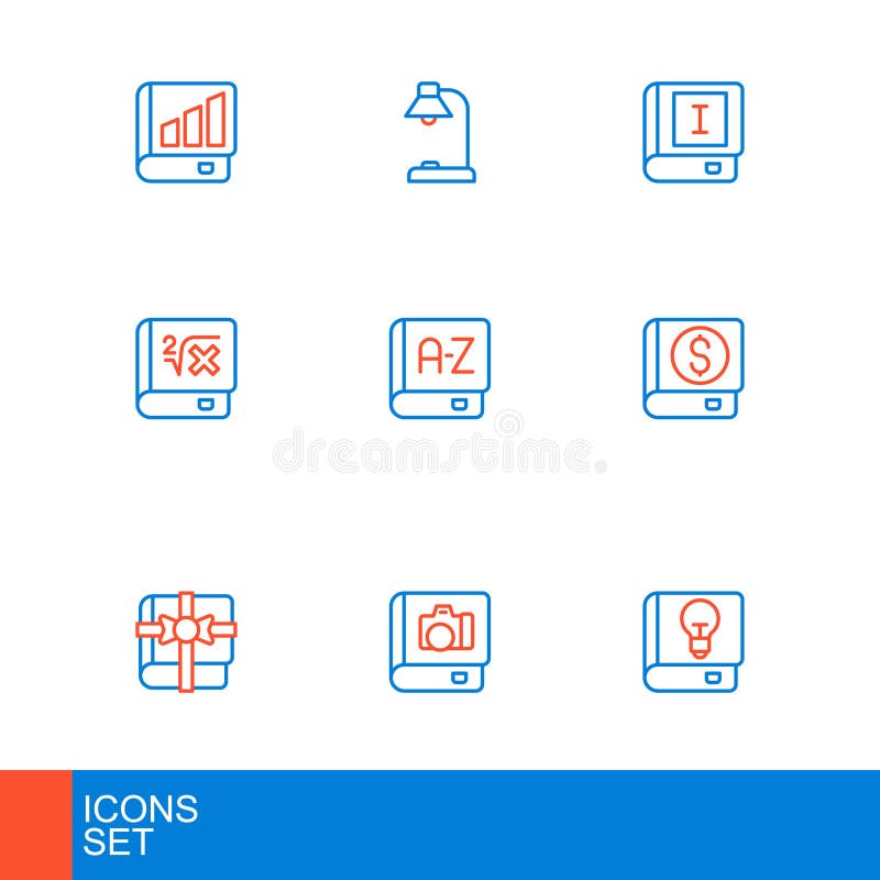 Set line User manual, Photo album gallery, Book as gift, Financial book, with mathematics, Translator, and Table lamp vector illustration