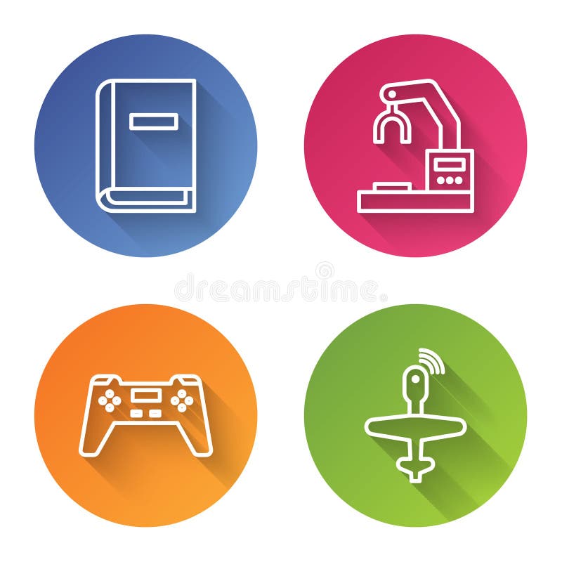 Set line User manual, Robotic robot arm hand factory, Gamepad and UAV Drone. Color circle button. Vector royalty free illustration