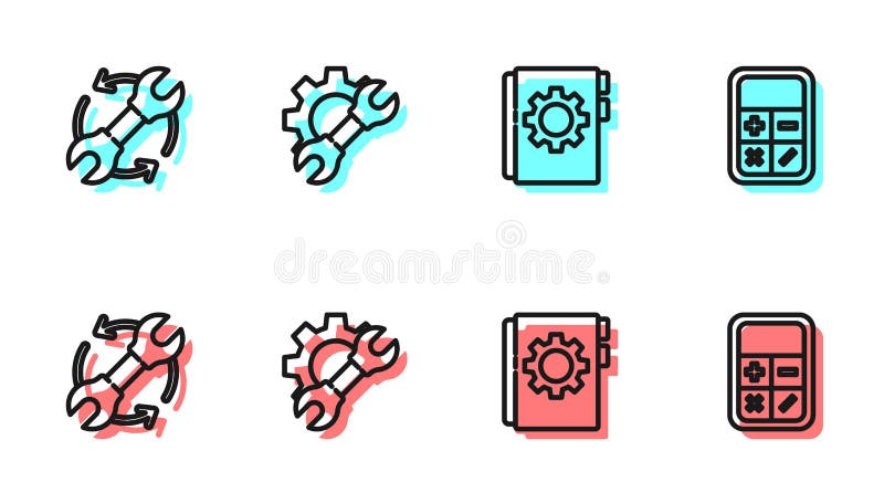 Set line User manual, Wrench and arrows as workflow, spanner gear and Calculator icon. Vector vector illustration