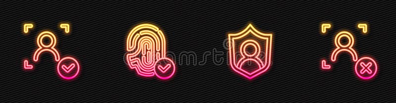 Set line User protection, Face recognition, Fingerprint and Rejection face. Glowing neon icon. Vector vector illustration