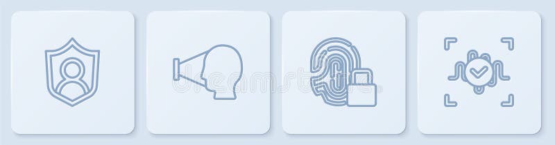 Set line User protection, Fingerprint with lock, Face recognition and Voice. White square button. Vector vector illustration