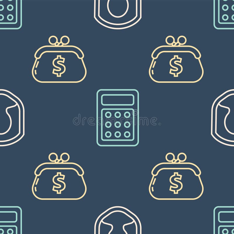 Set line User protection, Wallet with dollar and Calculator on seamless pattern. Vector vector illustration