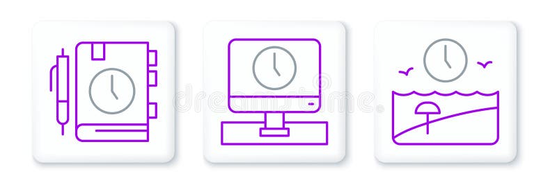 Set line Vacation time, Daily paper notepad and Monitor icon. Vector stock illustration