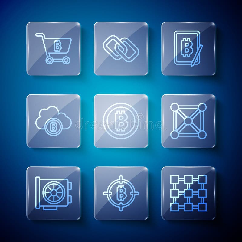 Set line video tarjeta gráfica bitcoin en el bitcoin de la tecnología de bloqueo de destino de la criptografía de tablet ilustración del vector