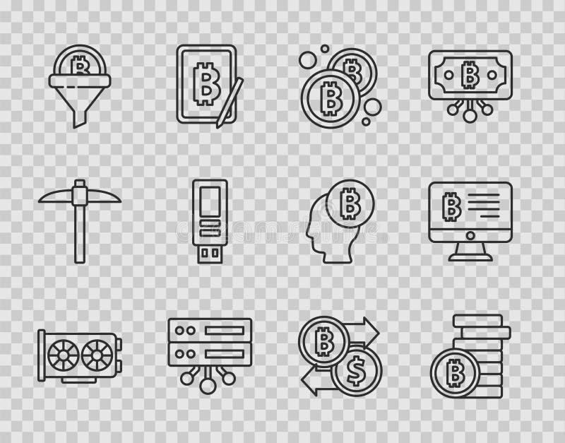Set line video tarjeta gráfica bitcoin server sales funnel con bitcoin usb flash drive cryptocurrency exchange y stock de ilustración