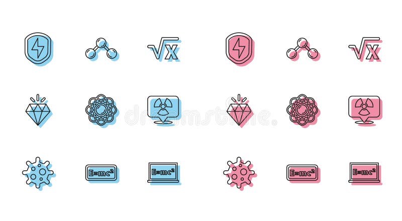 Set line Virus, Equation solution, Secure shield with lightning, Atom, Radioactive location, Diamond and Molecule icon royalty free illustration