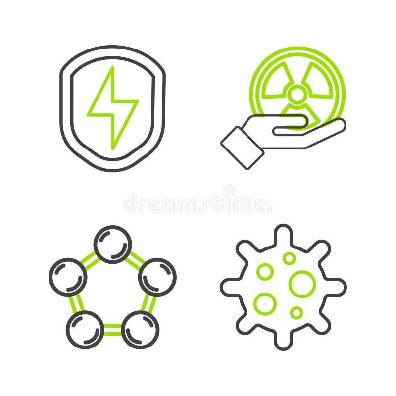 Set line Virus, Molecule, Radioactive and Secure shield with lightning icon. Vector vector illustration
