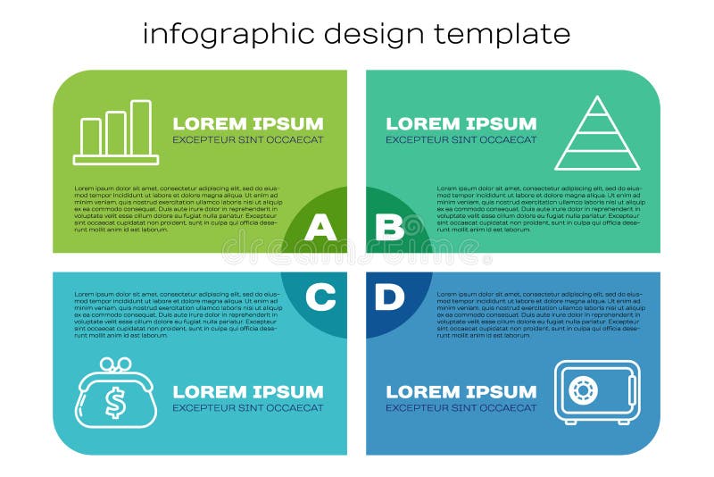 Set line Wallet with dollar, Pie chart infographic, Safe and Pyramid chart infographics. Business infographic template