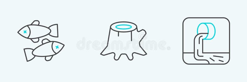 Set line Wastewater, Dead fish and Tree stump icon. Vector vector illustration