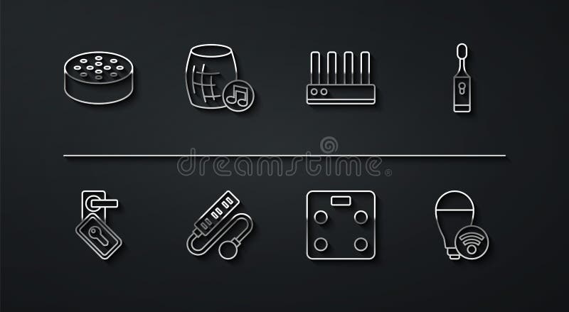 Set line Water sensor Digital door lock Electric toothbrush Smart bathroom scales extension cord Voice assistant light bulb and Router and wi-fi signal icon. Vector. Set line Water sensor Digital door lock Electric toothbrush Smart bathroom scales extension cord Voice assistant light bulb and Router and wi-fi signal icon. Vector.