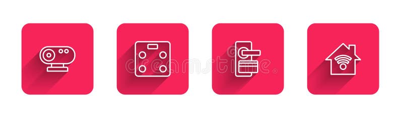 Set line Web camera, Smart bathroom scales, Digital door lock and home with wi-fi with long shadow. Red square button. Vector.