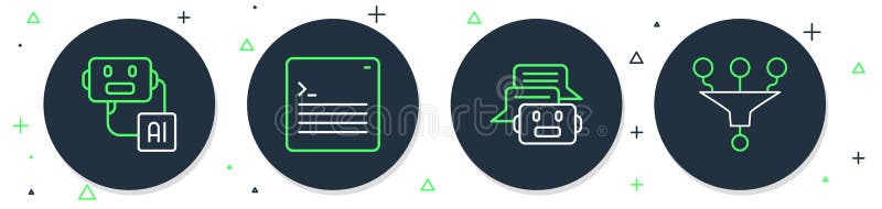Set line Web developer programming code, Chat bot, Artificial intelligence robot and Funnel or filter icon. Vector royalty free illustration