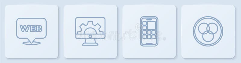 Set line Web and graphic design, Mobile Apps, development and RGB CMYK color mixing. White square button. Vector.