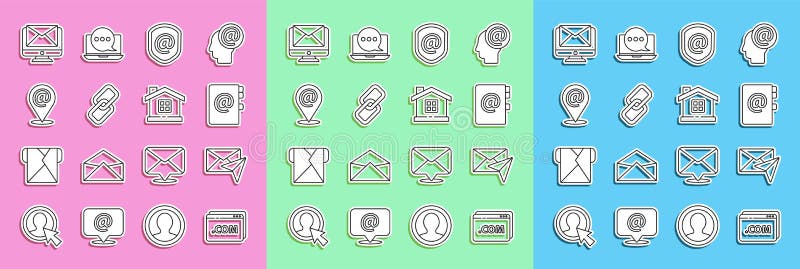 Set line Website template, Envelope, Address book, Shield with mail and e-mail, Chain link, Location, Monitor envelope vector illustration