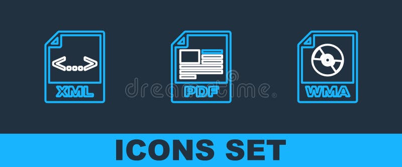 Set line WMA file document, XML and PDF icon. Vector royalty free illustration