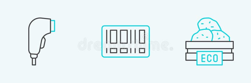 Set line wooden box for fruits scanner scanning bar code and barcode icon vector royalty ilustracja