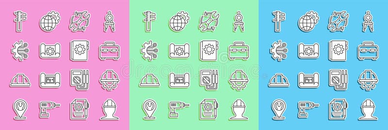 Set line Worker safety helmet, and gear, Toolbox, Wrench arrows as workflow, Graphing paper, Algorithm, Calliper caliper royalty free illustration