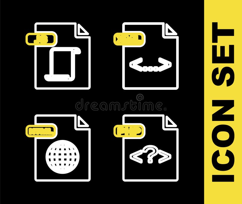 Set line XML file document, PHP, HTML and JS icon. Vector royalty free illustration