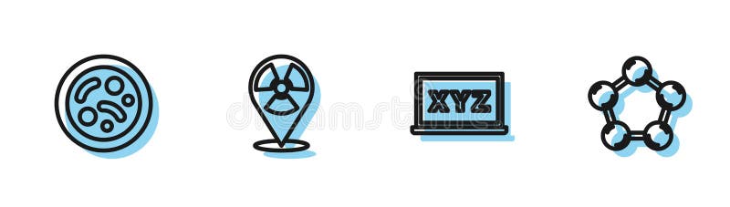 Set line XYZ Coordinate system, Bacteria, Radioactive location and Molecule icon. Vector royalty free illustration