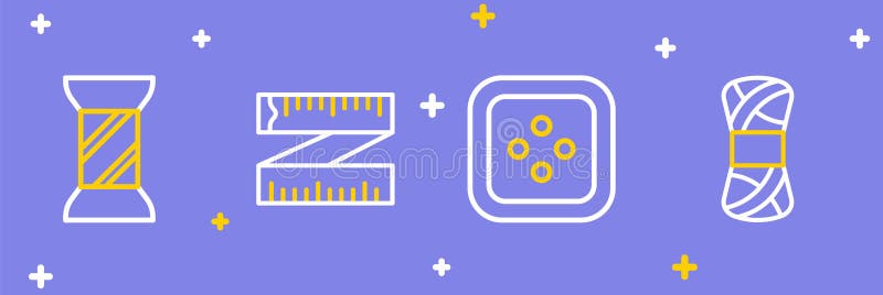 Set line Yarn, Sewing button for clothes, Tape measure and thread spool icon. Vector vector illustration