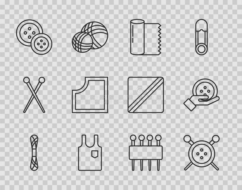 Set line Yarn, Sewing button and knitting needles, Textile fabric roll, Sleeveless T-shirt, Pattern, Needle for sewing vector illustration