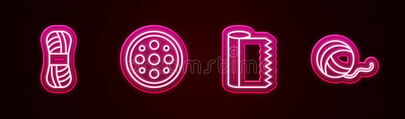 Set line Yarn, Sewing button, Textile fabric roll and ball. Glowing neon icon. Vector stock illustration