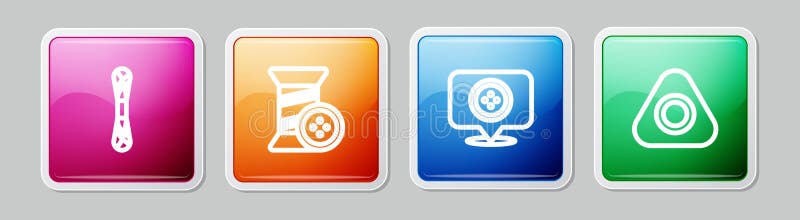 Set line Yarn, Sewing thread and button, Location tailor shop and chalk. Colorful square button. Vector stock illustration