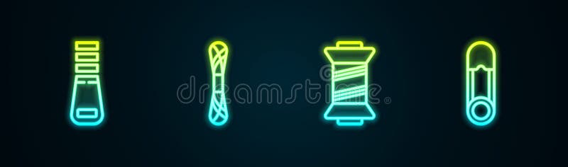 Set line Zipper, Yarn, Sewing thread and Safety pin. Glowing neon icon. Vector stock illustration