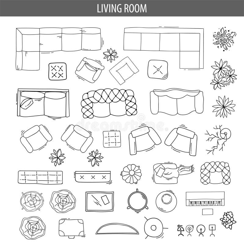 Set of linear icons for Interior top view plans