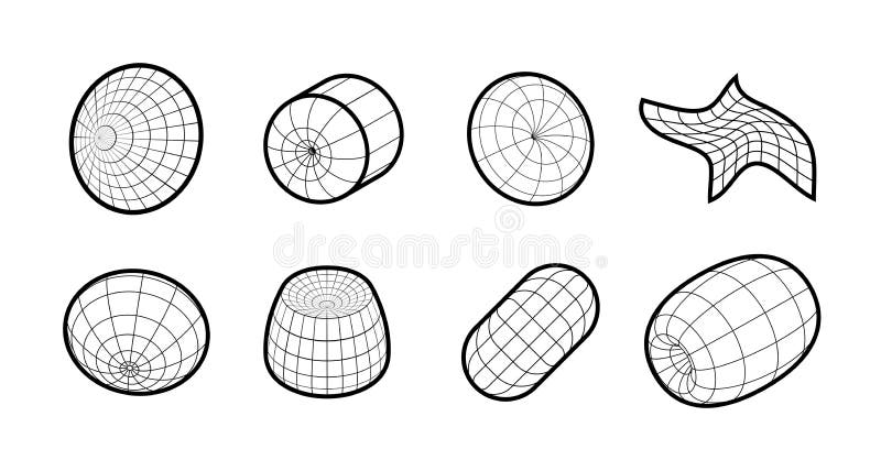 Set of linear objects with a thick outline. Vector geometric 3d oval shapes and grids royalty free illustration