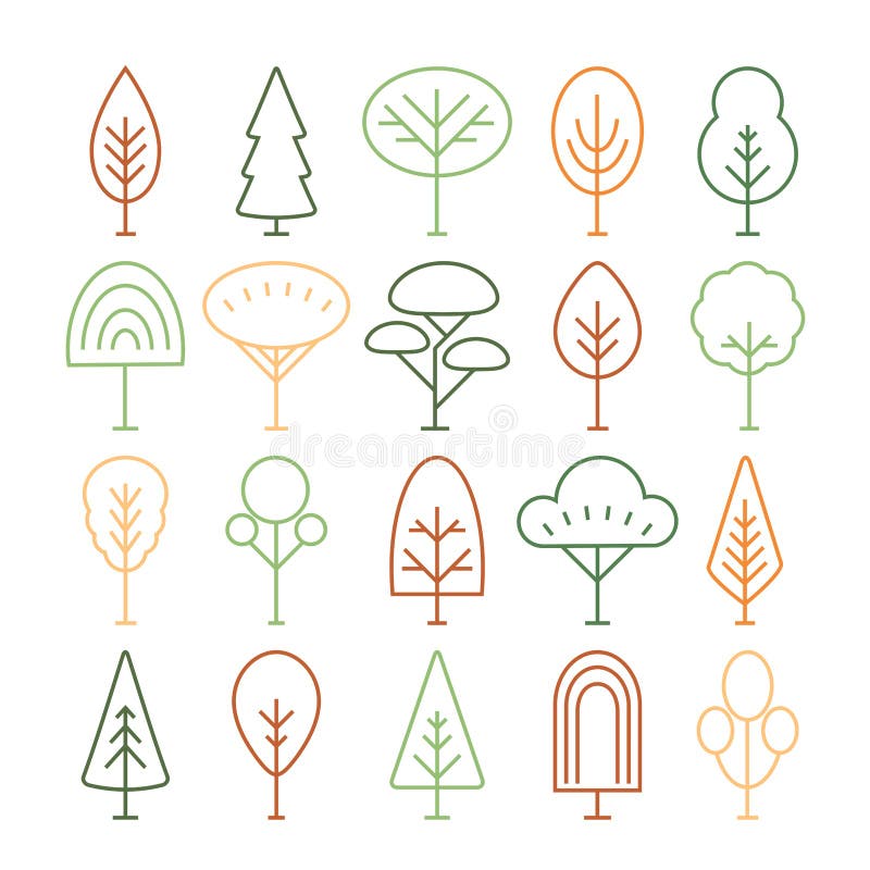Set of linear trees icons, forest, park and garden tree royalty free illustration
