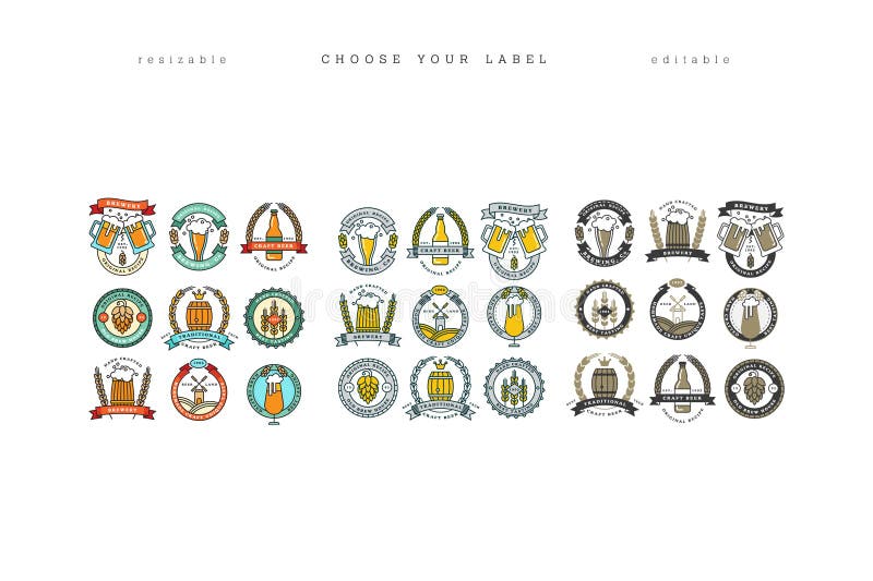 Set of linear yellow brewery logos. Labels with bottles and hops. Vintage craft beer retro design elements, emblems stock illustration Set of linear yellow brewery logos. Labels with bottles and hops. Vintage craft beer retro design elements, emblems stock illustration