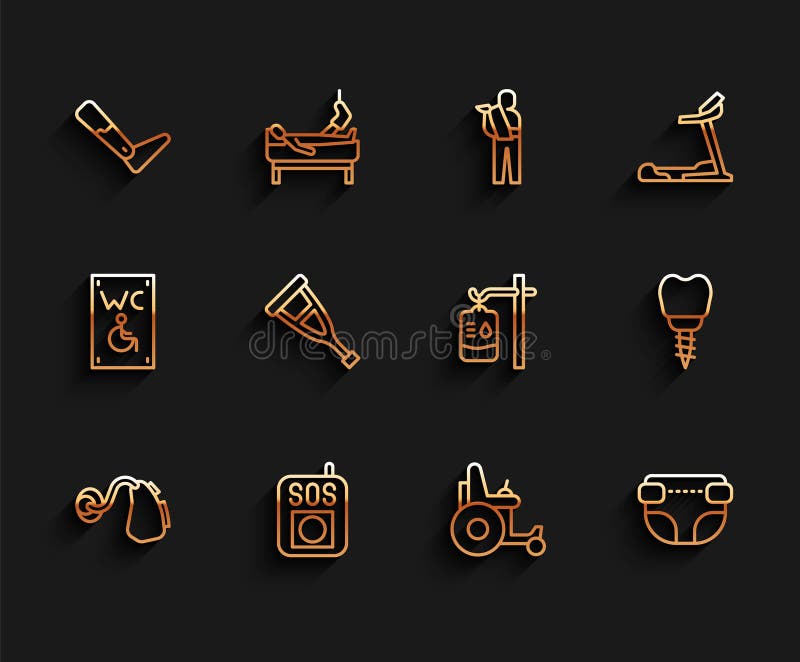 Set linie Aparat auditiv Apăsați butonul SOS Proteza picior Scaun cu rotile electric Scutec pentru adulți Cârlig sau cârje vector illustration