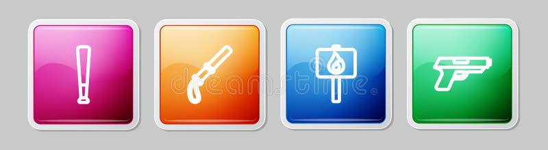 Set linie bat de baseball bat de poliție baston protest și pistol sau pistol. buton pătrat colorat. vector vector illustration
