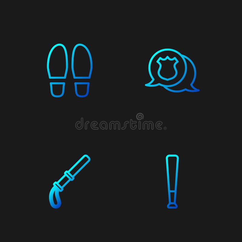 Set linie bat de baseball bat de poliție pași de cauciuc și insignă. pictograme culori gradient. vector stock illustration