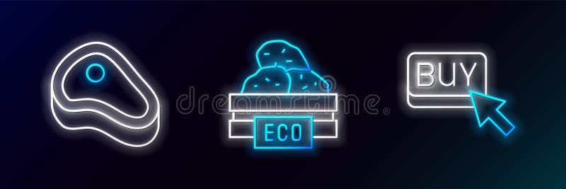 Set linie Cumpără buton Carne de friptură și cutie de lemn pentru fructe pictograma. Neon strălucitor. Vector vector illustration