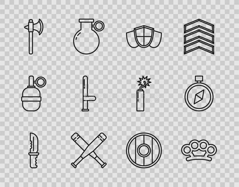 Set linie cuțit militar brass pumni scut pumni cuțit încrucișat bat medieval bat de baseball toporul baston de poliție rotund din stock illustration