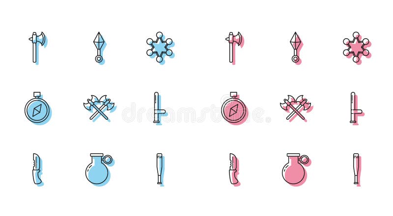 Set linie de cuțit militar grenade de mână medieval ax bat de baseball cu ax medieval axuri de poliție busolă de cauciuc vector illustration