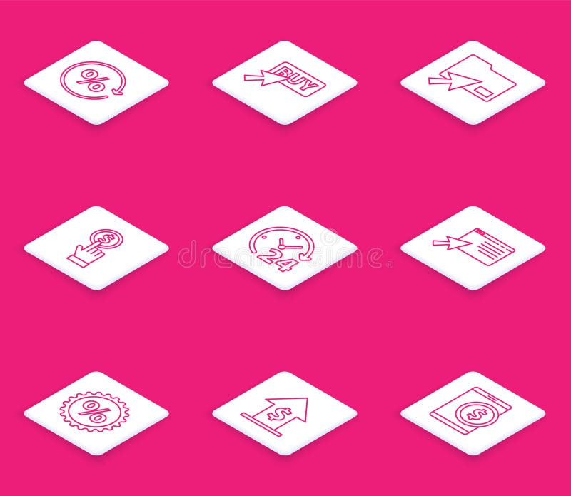 Set linie Discount% etichetă Cumpără buton Cursor clic pe dosar document Mână de așteptare monedă Ceas 24 de ore Online vector illustration